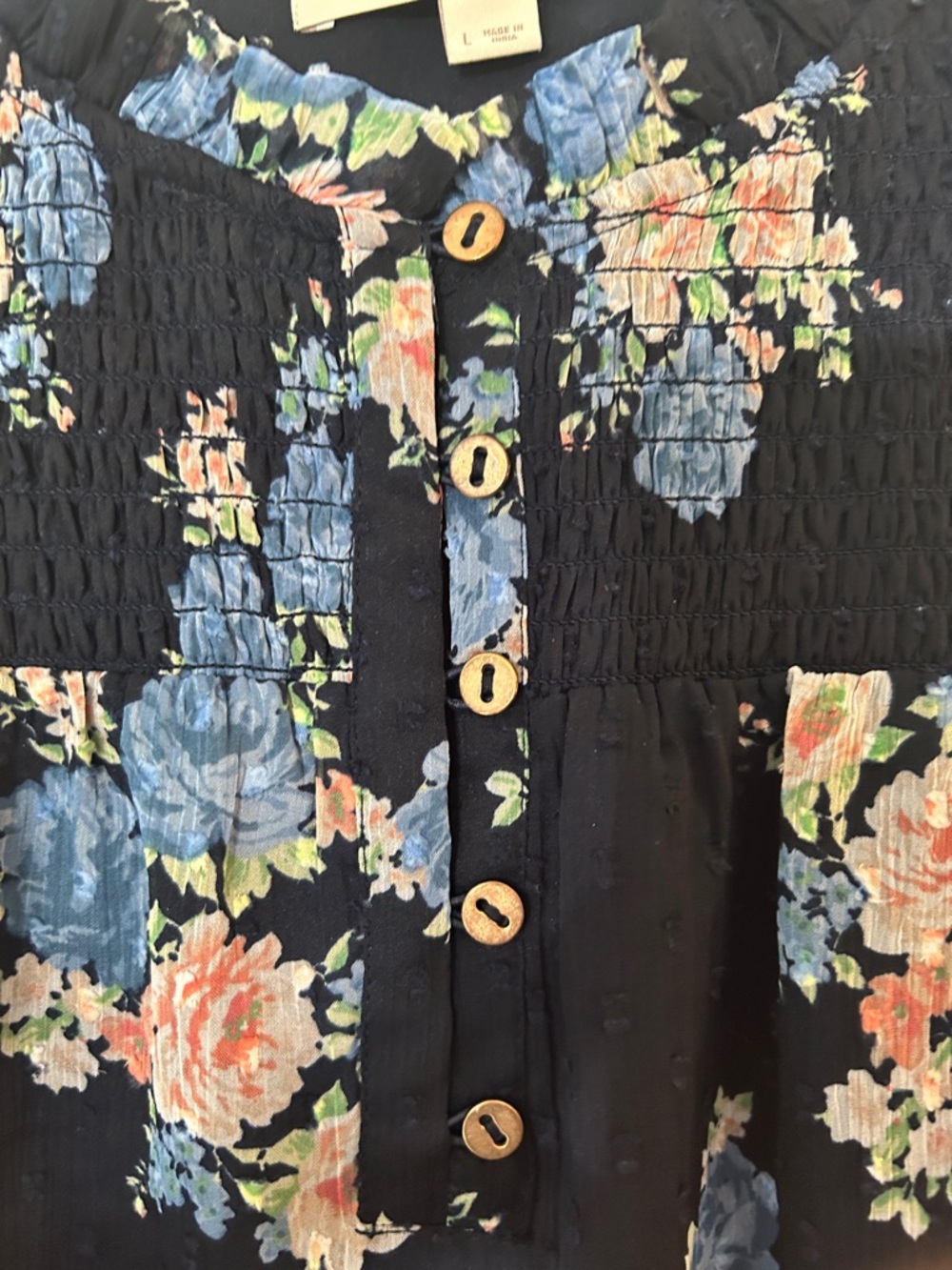 LOFT Navy Floral Button-Front Ruffle Sleeve Top - Picture 5 of 10